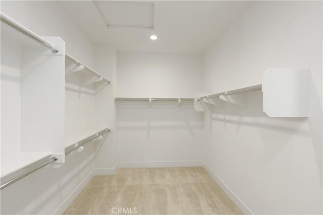 walk in closet featuring light colored carpet and attic access