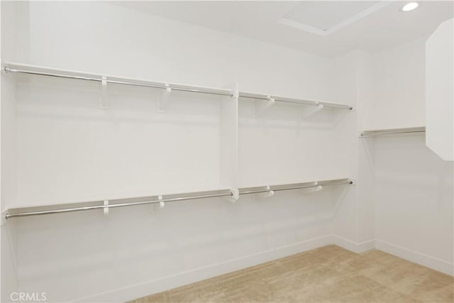 spacious closet with attic access and light colored carpet