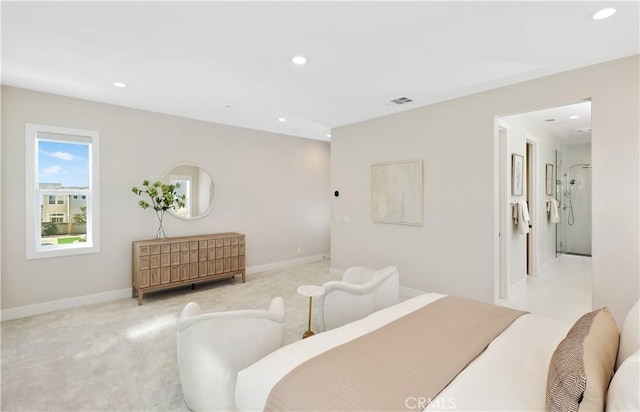 bedroom with visible vents, recessed lighting, light colored carpet, and baseboards