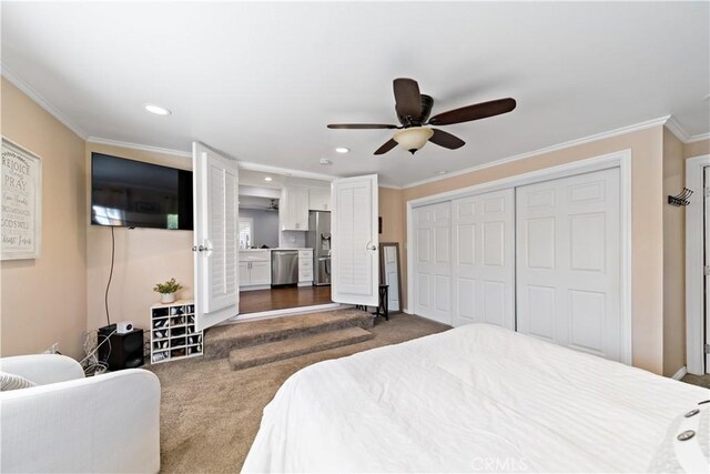 bedroom featuring stainless steel fridge, dark colored carpet, crown molding, and recessed lighting