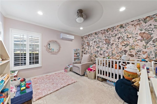 carpeted bedroom featuring baseboards, ornamental molding, a wall mounted air conditioner, and wallpapered walls