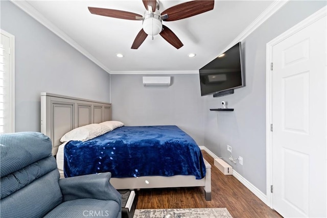 bedroom with baseboards, wood finished floors, a wall mounted air conditioner, crown molding, and recessed lighting