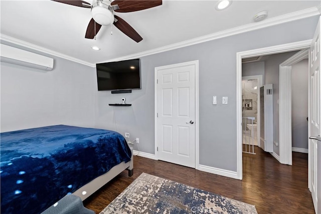 bedroom featuring ornamental molding, a wall mounted AC, wood finished floors, and baseboards