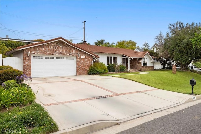 ranch-style house with a garage, a front lawn, concrete driveway, and brick siding