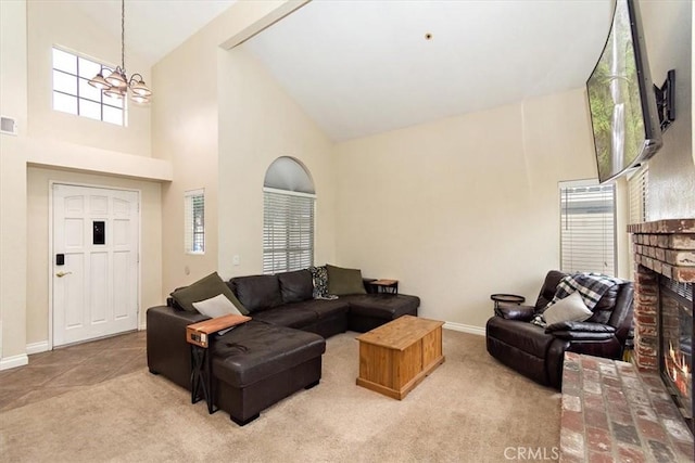 living area with carpet, high vaulted ceiling, a fireplace, and baseboards