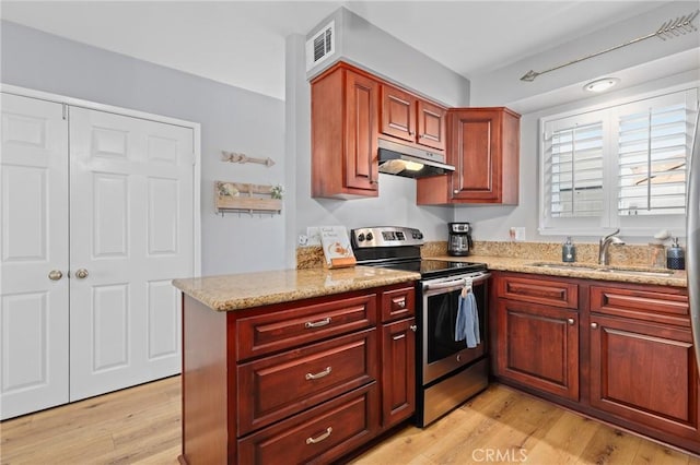 kitchen with under cabinet range hood, light wood-style floors, a sink, and stainless steel range with electric cooktop