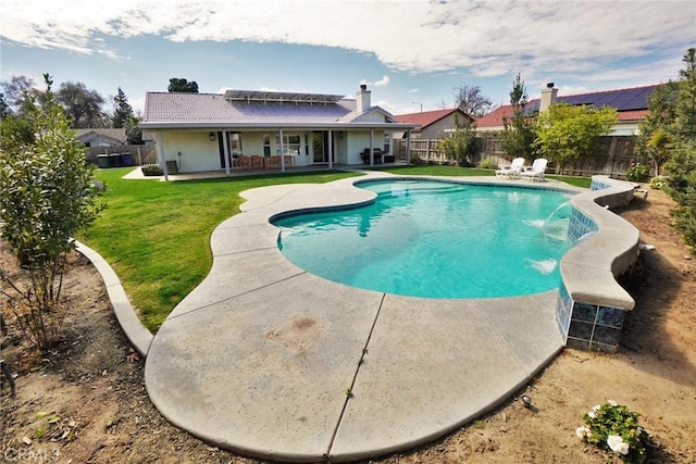 view of pool with a yard, a patio area, a fenced backyard, and a fenced in pool