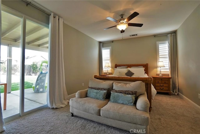 bedroom with baseboards, visible vents, ceiling fan, access to exterior, and carpet floors