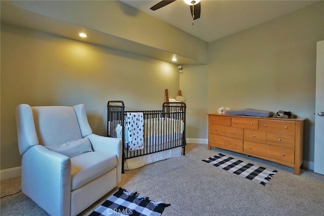 bedroom featuring carpet flooring, ceiling fan, and baseboards