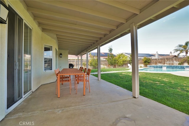 view of patio featuring a fenced backyard, a fenced in pool, and outdoor dining space