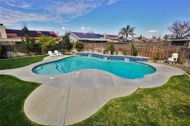 view of pool with a fenced in pool, a fenced backyard, a lawn, and a patio