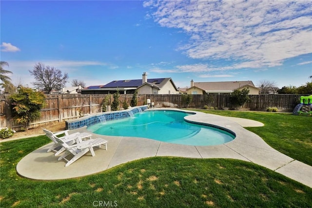 view of pool with a lawn, a patio area, a fenced backyard, and a fenced in pool