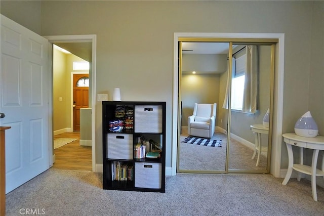 bedroom featuring carpet floors, a closet, and baseboards