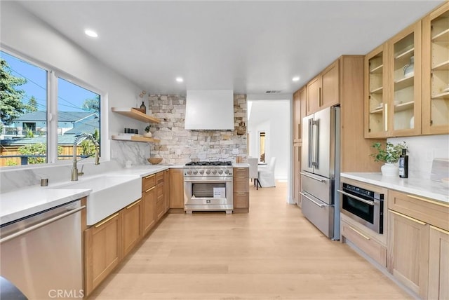 kitchen featuring light wood-style flooring, a sink, tasteful backsplash, light countertops, and high end appliances