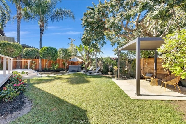 view of yard with a fenced backyard and a patio
