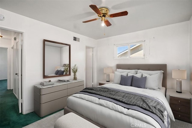 bedroom featuring ceiling fan, carpet floors, and visible vents