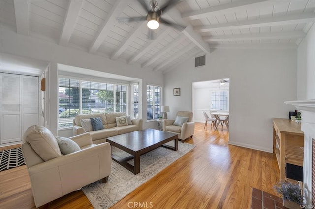 living room featuring light wood finished floors, visible vents, lofted ceiling with beams, a ceiling fan, and baseboards