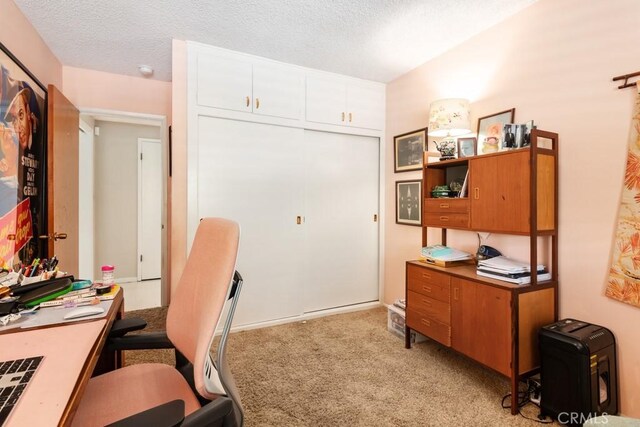 office area with a textured ceiling and light colored carpet