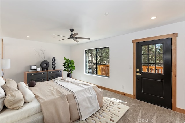 carpeted bedroom featuring baseboards, a ceiling fan, and recessed lighting