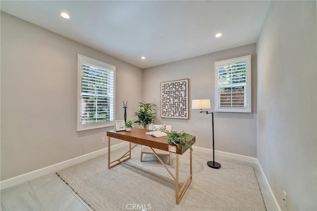 office area with baseboards and recessed lighting