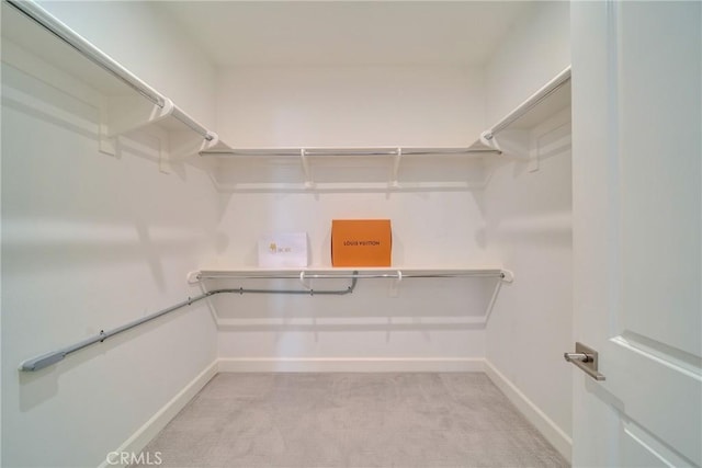 walk in closet featuring light colored carpet