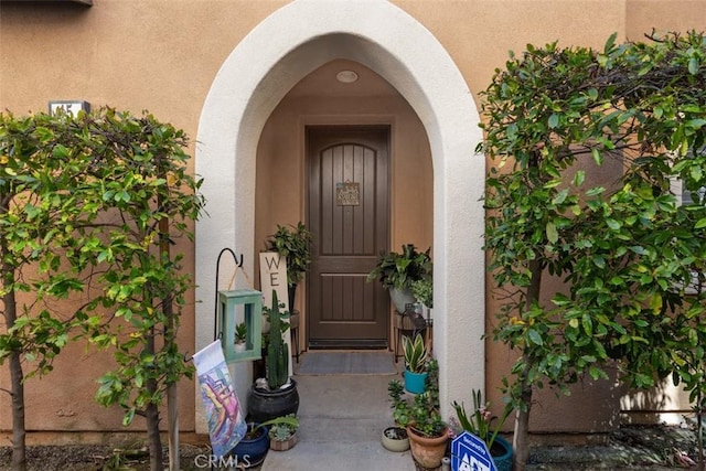 view of exterior entry with stucco siding