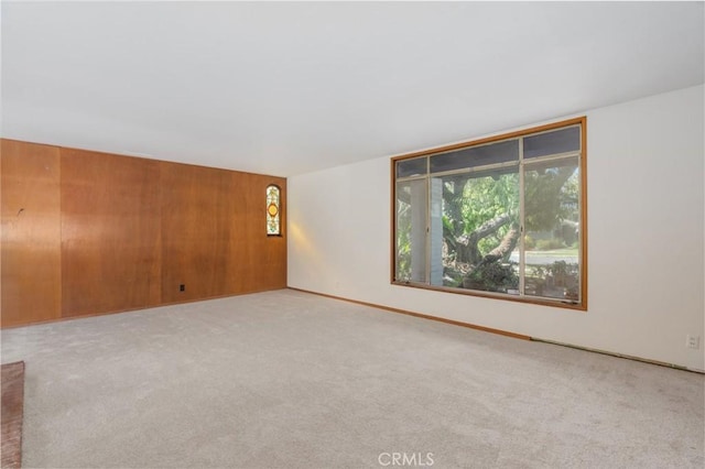 unfurnished room with carpet floors and wooden walls