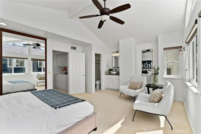 26B Surfside Ave, Surfside, CA 90743 - bedroom featuring light colored carpet, baseboards, ceiling fan, and ensuite bath