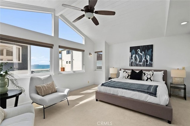 26B Surfside Ave, Surfside, CA 90743 - bedroom featuring carpet, high vaulted ceiling, beamed ceiling, and a ceiling fan