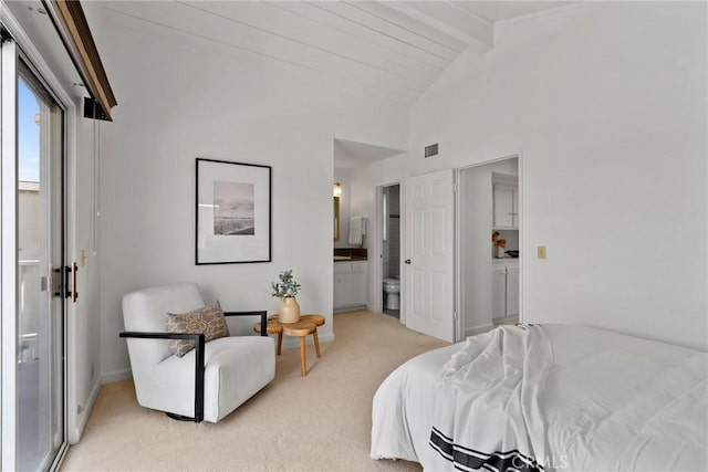 26B Surfside Ave, Surfside, CA 90743 - bedroom featuring light carpet, beamed ceiling, connected bathroom, high vaulted ceiling, and baseboards