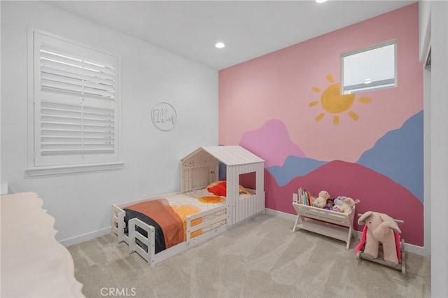 bedroom featuring carpet floors, baseboards, and recessed lighting