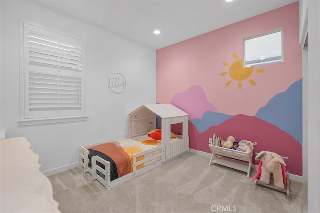 bedroom with recessed lighting, carpet, and baseboards