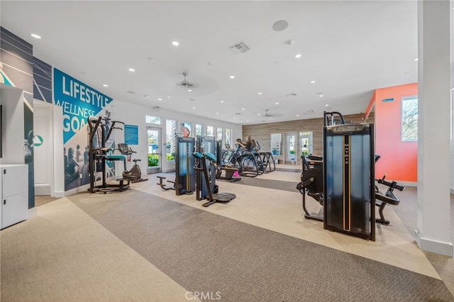 exercise room featuring carpet floors, recessed lighting, visible vents, and ceiling fan