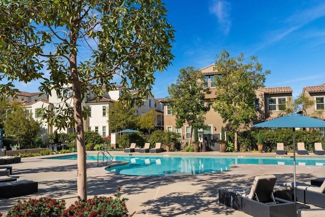 pool with a residential view and a patio