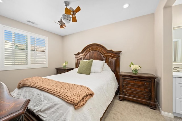 bedroom with recessed lighting, light colored carpet, a ceiling fan, baseboards, and visible vents