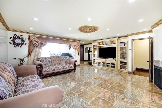 living room with marble finish floor, recessed lighting, and crown molding