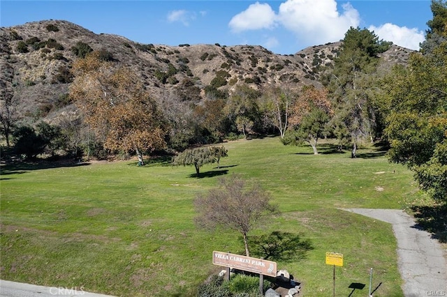 view of property's community with a mountain view and a lawn