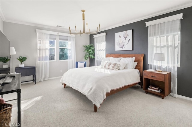 carpeted bedroom featuring an inviting chandelier, baseboards, visible vents, and ornamental molding