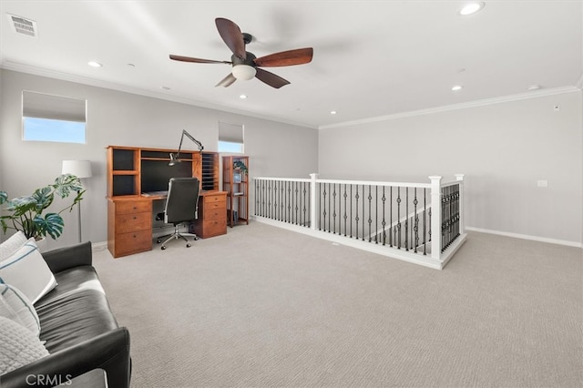 home office with baseboards, visible vents, crown molding, and recessed lighting