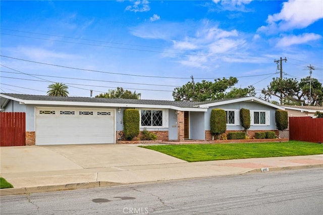 view of front facade featuring a garage, concrete driveway, brick siding, and fence