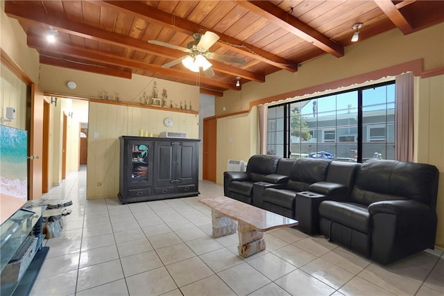 806 W 132nd St, Gardena, CA 90247 - living area featuring beam ceiling, light tile patterned flooring, wood ceiling, and a ceiling fan