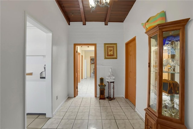 806 W 132nd St, Gardena, CA 90247 - hallway featuring a chandelier, wooden ceiling, beamed ceiling, and light tile patterned floors