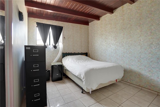 806 W 132nd St, Gardena, CA 90247 - bedroom with light tile patterned floors, wood ceiling, and beamed ceiling