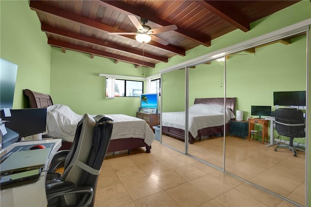 806 W 132nd St, Gardena, CA 90247 - bedroom with wood ceiling, a closet, a ceiling fan, and beamed ceiling