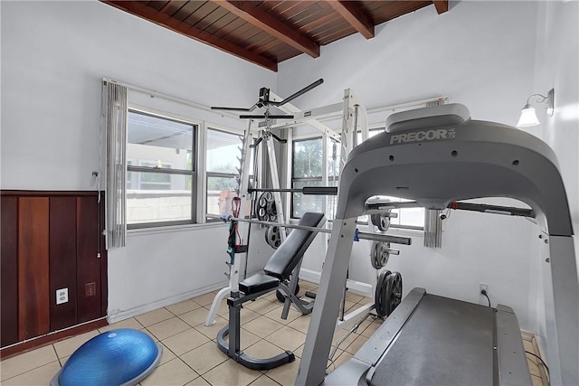 806 W 132nd St, Gardena, CA 90247 - workout area with a wealth of natural light, tile patterned flooring, and wood ceiling