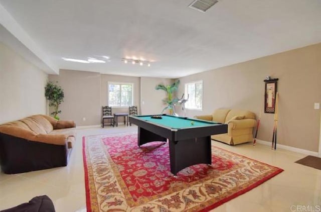 recreation room featuring tile patterned floors, billiards, visible vents, and baseboards