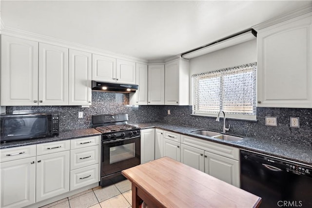 kitchen featuring light tile patterned flooring, under cabinet range hood, a sink, white cabinetry, and black appliances