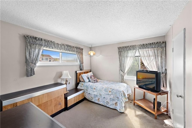 carpeted bedroom with multiple windows and a textured ceiling