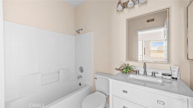 bathroom featuring visible vents, vanity, toilet, and shower / bathtub combination