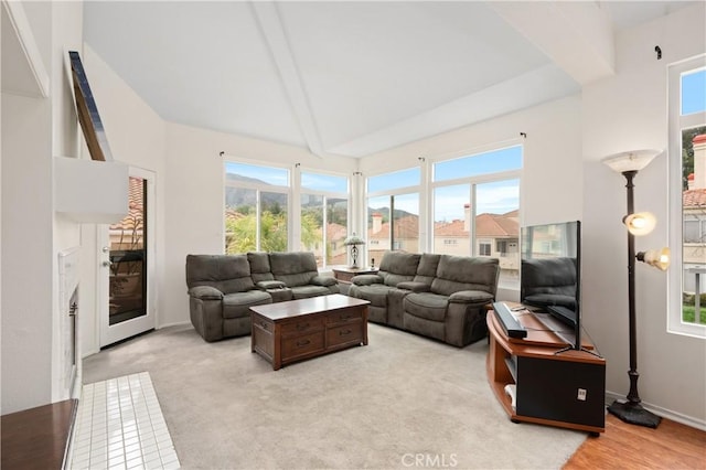 living room featuring high vaulted ceiling and baseboards